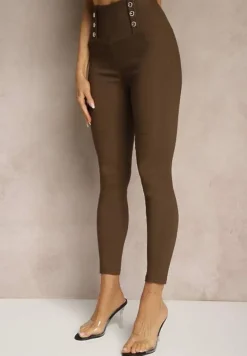 Brązowe Legginsy High Waist z Ozdobnymi Guzikami Kolowenia