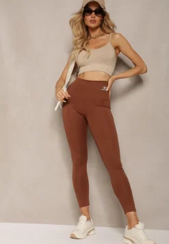 Brązowe Legginsy High Waist z Gumką w Pasie Cloen