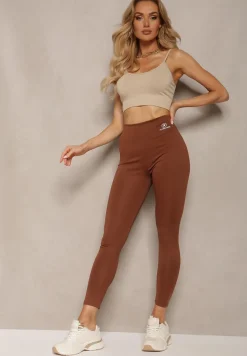 Brązowe Legginsy High Waist z Gumką w Pasie Cloen