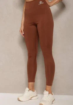 Brązowe Legginsy High Waist z Gumką w Pasie Cloen