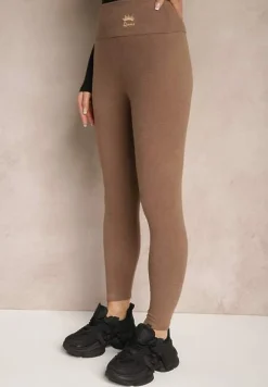 Brązowe Legginsy High Waist Ozdobione Aplikacją Sevirra