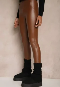 Brązowe Legginsy High Waist z Ociepleniem Faladi