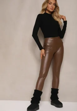 Brązowe Legginsy High Waist z Imitacji Skóry z Gumką w Pasie Ozdobione Guzikami Sinairis