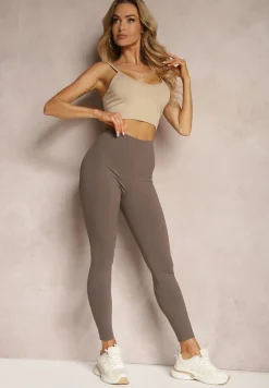 Brązowe Legginsy High Waist z Gumką w Talii Ovolia