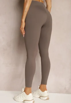 Brązowe Legginsy High Waist z Gumką w Talii Ovolia