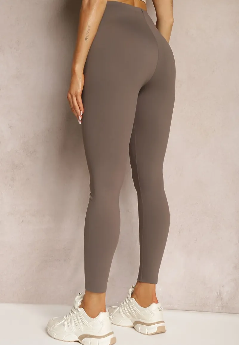 Brązowe Legginsy High Waist z Gumką w Talii Ovolia