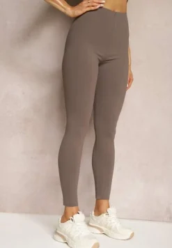 Brązowe Legginsy High Waist z Gumką w Talii Ovolia