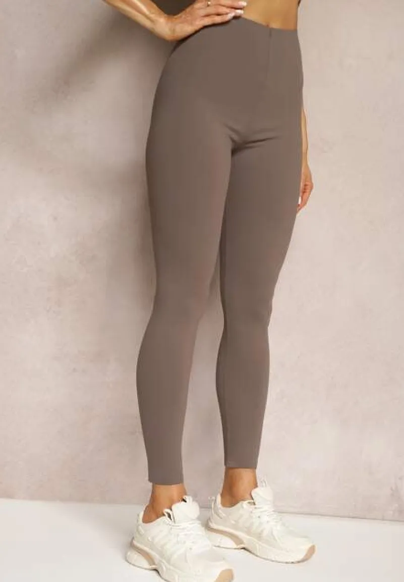 Brązowe Legginsy High Waist z Gumką w Talii Ovolia