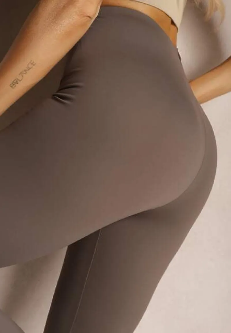 Brązowe Legginsy High Waist z Gumką w Talii Ovolia