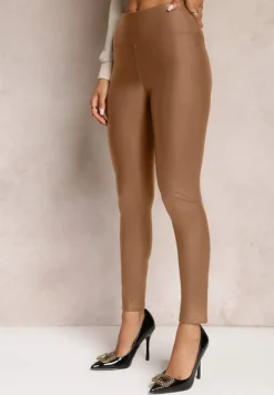Brązowe Legginsy Ocieplane z Ekoskóry Lenho
