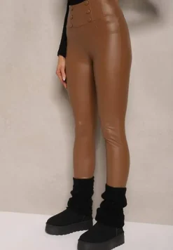 Brązowe Legginsy Push-Up z Ekoskóry Ocieplone Polarkiem Alabella