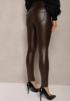 Brązowe Legginsy z Ekoskóry High Waist z Imitacjami Kieszeni Salabria