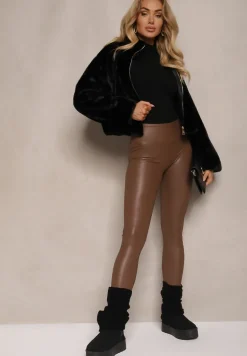 Brązowe Legginsy z Imitacji Skóry High Waist z Polarem Selabra