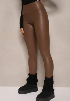 Brązowe Legginsy z Imitacji Skóry High Waist z Polarem Selabra