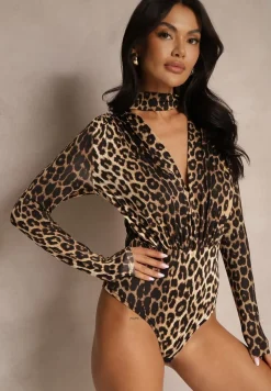 Brązowe Marszczone Body w Panterkę z Wiskozą i Ozdobną Zakładką Mortattia