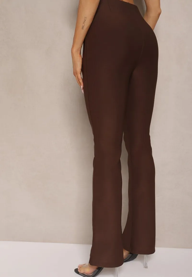 Brązowe Materiałowe Spodnie Dzwony z Ozdobnym Łańcuszkiem Amelana