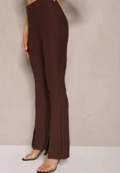 Brązowe Materiałowe Spodnie Dzwony z Ozdobnym Łańcuszkiem Amelana