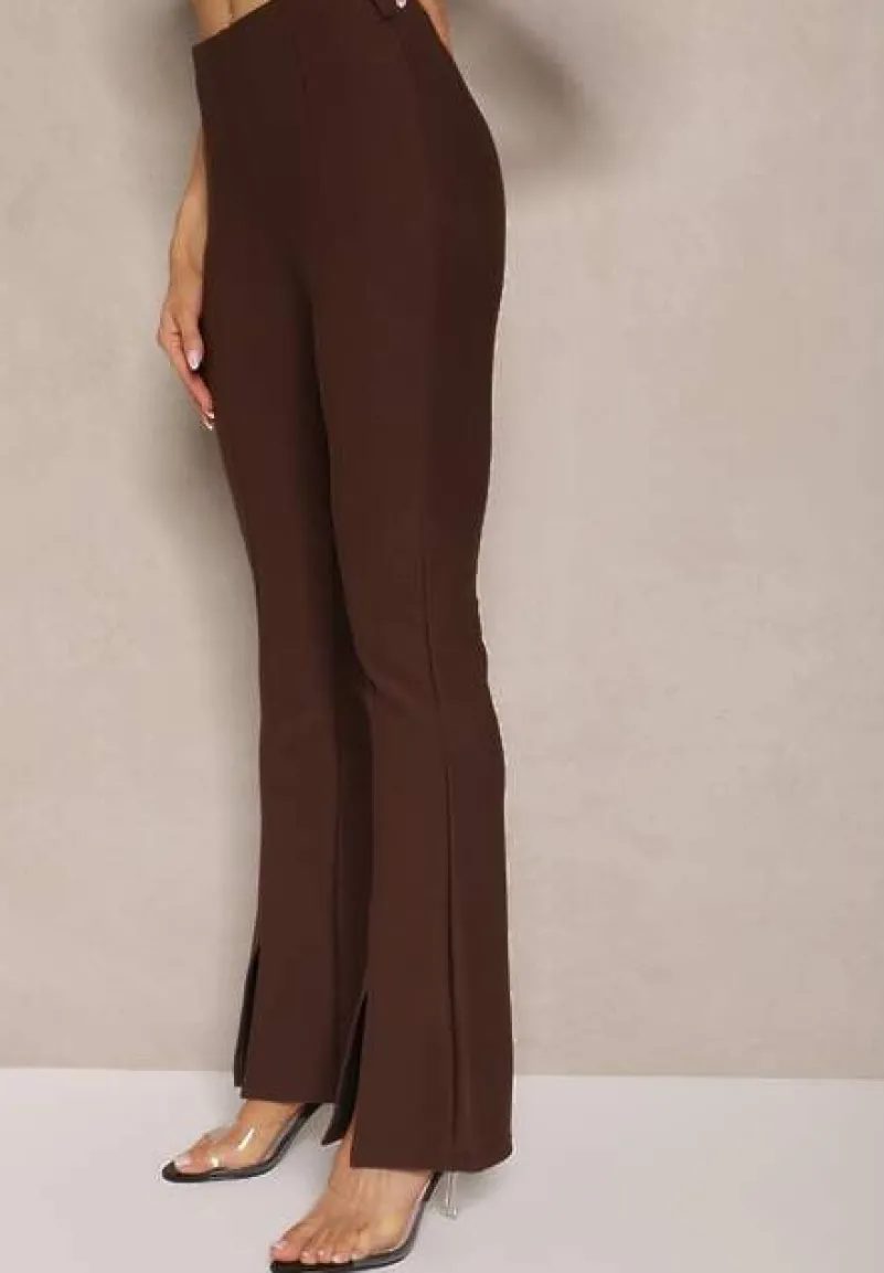 Brązowe Materiałowe Spodnie Dzwony z Ozdobnym Łańcuszkiem Amelana