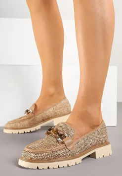 Brązowe Mokasyny Ozdobione Metaliczną Aplikacją Plecionką i Koralikami Lisvia