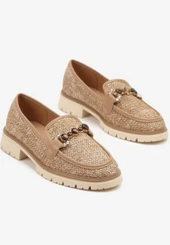 Brązowe Mokasyny Ozdobione Metaliczną Aplikacją Plecionką i Koralikami Lisvia