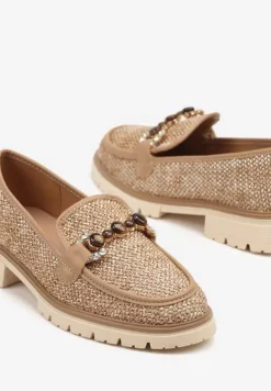 Brązowe Mokasyny Ozdobione Metaliczną Aplikacją Plecionką i Koralikami Lisvia