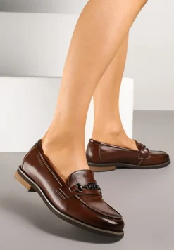 Brązowe Mokasyny Skórzane z Ozdobą Meralia