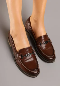 Brązowe Mokasyny Skórzane z Ozdobą Meralia