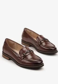 Brązowe Mokasyny Skórzane z Ozdobą Meralia