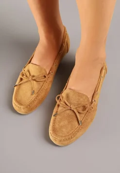 Brązowe Mokasyny z Ekozamszu Zdobione Wiązaniem z Kokardą Sonilora