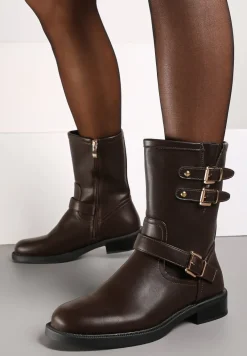 Brązowe Motocyklowe Botki Zdobione Klamrami przy Cholewce Tatilda