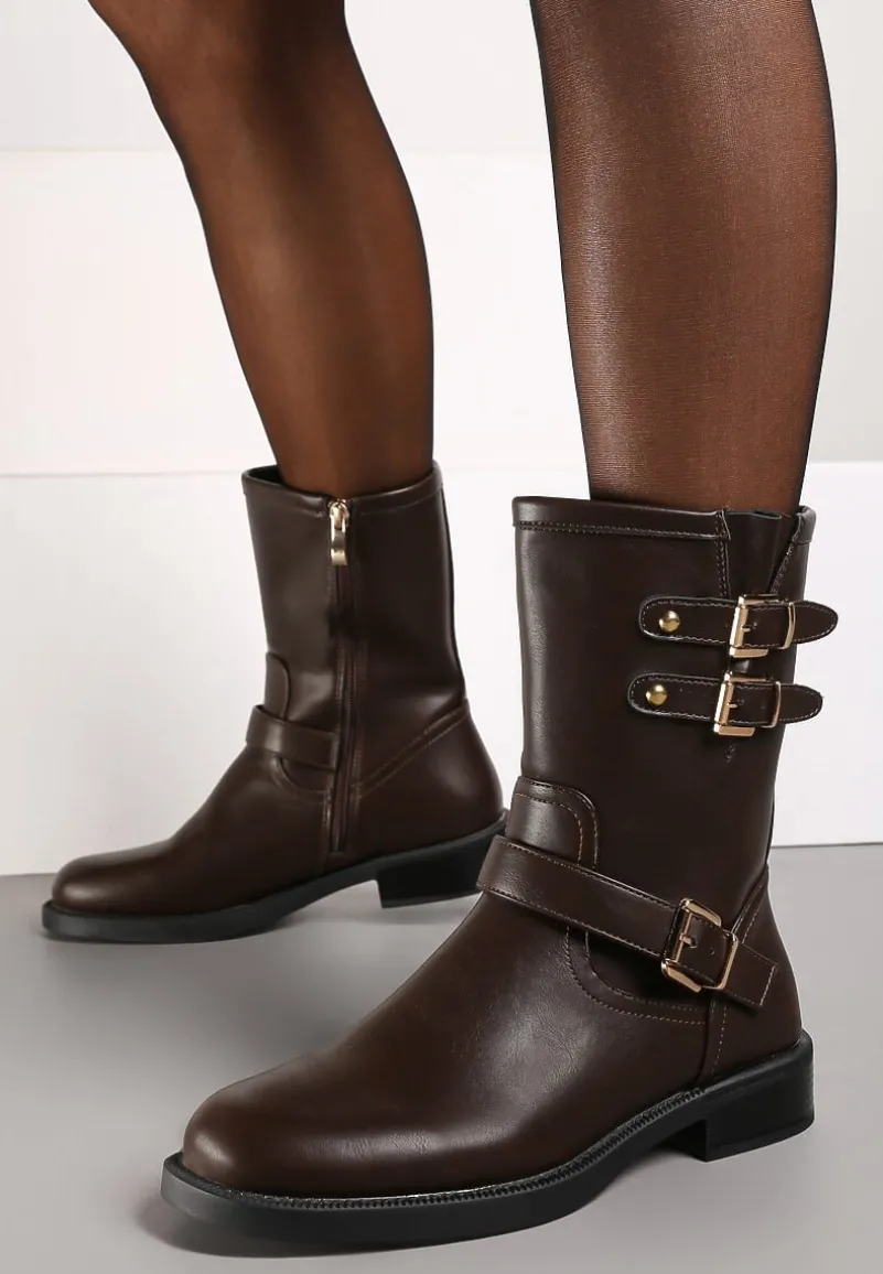 Brązowe Motocyklowe Botki Zdobione Klamrami przy Cholewce Tatilda