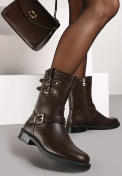 Brązowe Motocyklowe Botki Zdobione Klamrami przy Cholewce Tatilda