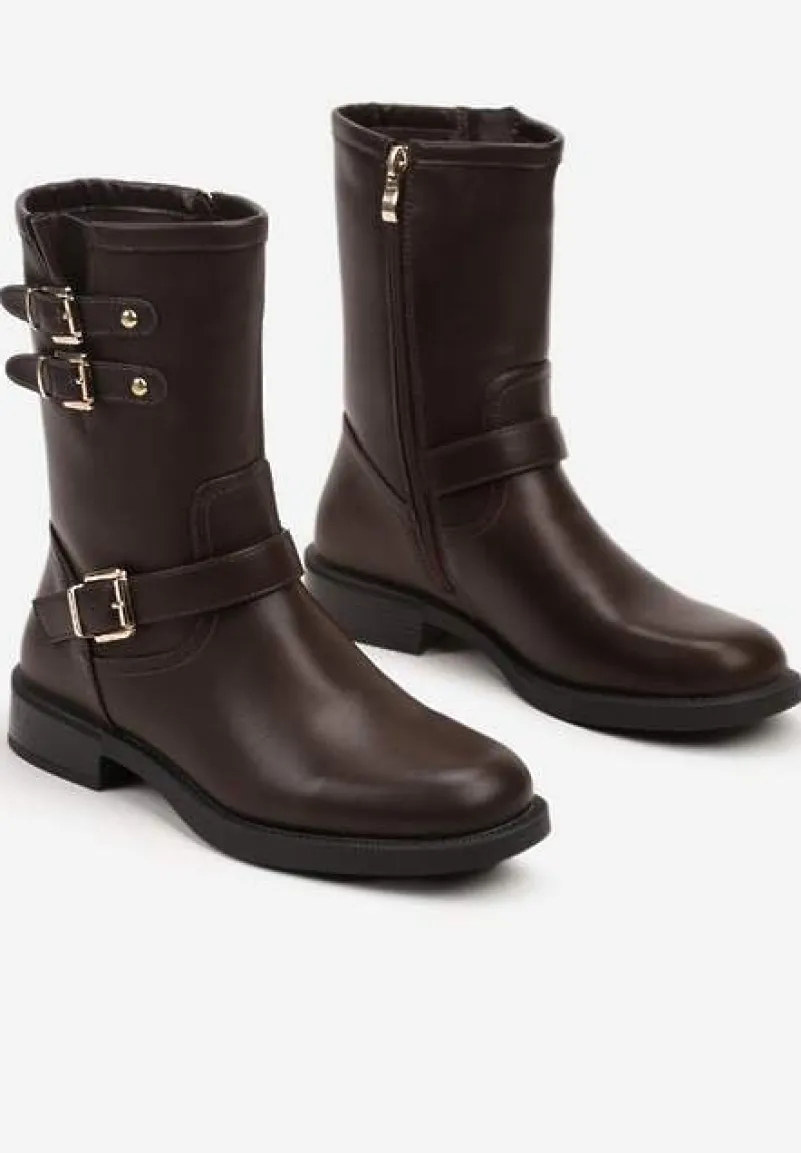 Brązowe Motocyklowe Botki Zdobione Klamrami przy Cholewce Tatilda