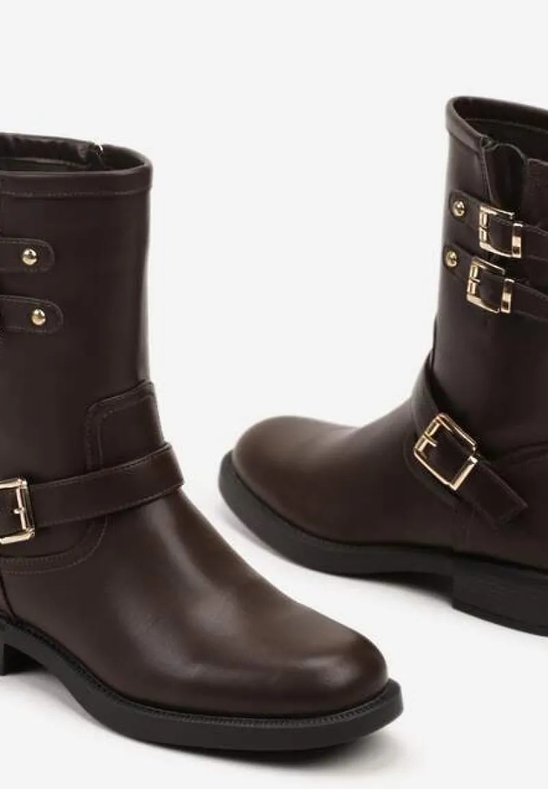 Brązowe Motocyklowe Botki Zdobione Klamrami przy Cholewce Tatilda