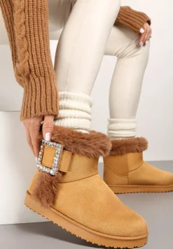 Brązowe Śniegowce na Płaskiej Podeszwie z Futerkiem i Klamrą z Cyrkoniami Liliara