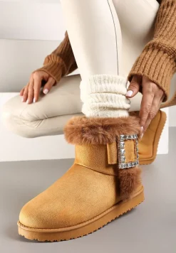 Brązowe Śniegowce na Płaskiej Podeszwie z Futerkiem i Klamrą z Cyrkoniami Liliara