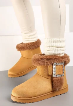 Brązowe Śniegowce na Płaskiej Podeszwie z Futerkiem i Klamrą z Cyrkoniami Liliara