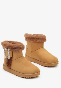 Brązowe Śniegowce na Płaskiej Podeszwie z Futerkiem i Klamrą z Cyrkoniami Liliara