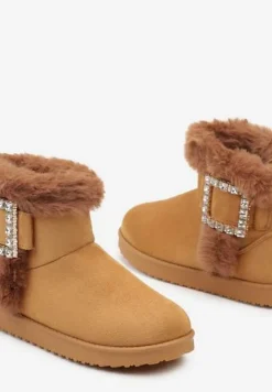Brązowe Śniegowce na Płaskiej Podeszwie z Futerkiem i Klamrą z Cyrkoniami Liliara