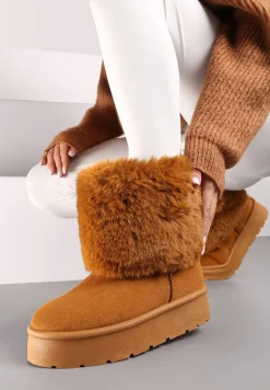 Brązowe Śniegowce na Grubej Podeszwie Ozdobione Futerkiem Naolani