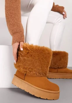 Brązowe Śniegowce na Grubej Podeszwie Ozdobione Futerkiem Naolani