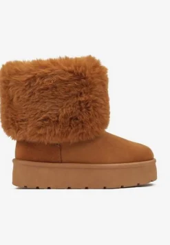 Brązowe Śniegowce na Grubej Podeszwie Ozdobione Futerkiem Naolani