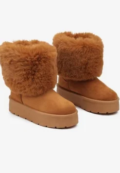 Brązowe Śniegowce na Grubej Podeszwie Ozdobione Futerkiem Naolani