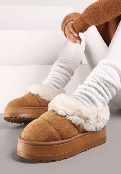 Brązowe Śniegowce na Grubej Podeszwie z Pikowanego Materiału Ozdobione Futerkiem Avirorae