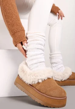 Brązowe Śniegowce na Grubej Podeszwie z Pikowanego Materiału Ozdobione Futerkiem Avirorae