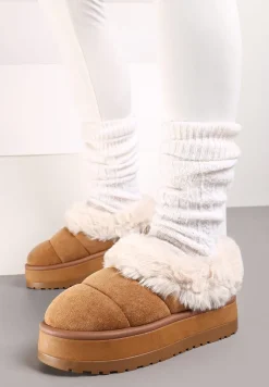 Brązowe Śniegowce na Grubej Podeszwie z Pikowanego Materiału Ozdobione Futerkiem Avirorae