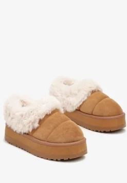 Brązowe Śniegowce na Grubej Podeszwie z Pikowanego Materiału Ozdobione Futerkiem Avirorae