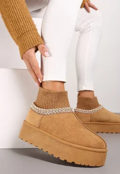 Brązowe Śniegowce na Grubej Podeszwie ze Skarpetkową Wstawką i Haftem z Metaliczną Nicią Avirisa