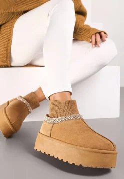 Brązowe Śniegowce na Grubej Podeszwie ze Skarpetkową Wstawką i Haftem z Metaliczną Nicią Avirisa