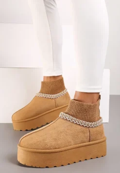 Brązowe Śniegowce na Grubej Podeszwie ze Skarpetkową Wstawką i Haftem z Metaliczną Nicią Avirisa